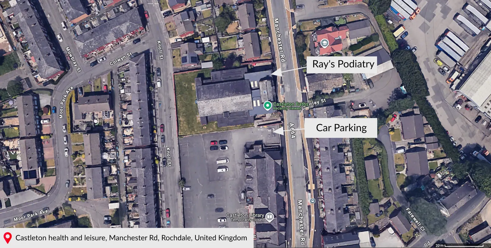 Aerial map of Manchester Road, Castleton, marking Ray's Podiatry and the car park next to it