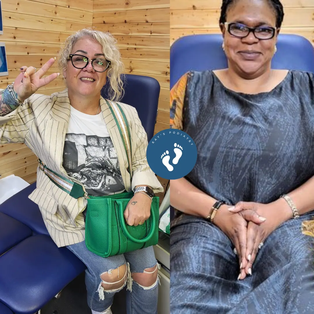 Two smiling patients at the clinic, one giving a peace sign